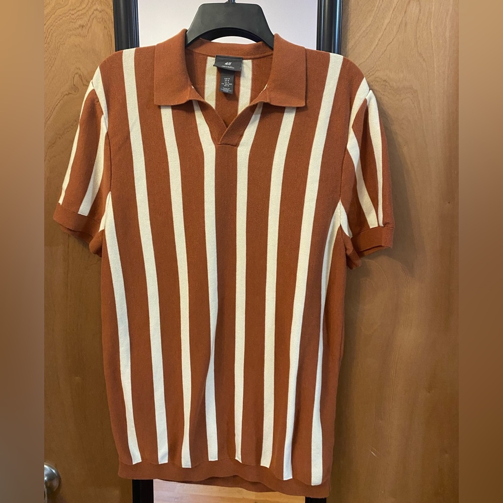 H&M Men's Johnny Collar Polo with Brown and Cream Stripes